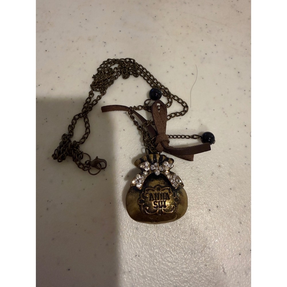 Anna Sui Pendant Necklace Womens OS Gold Excellent Bag Pouch Rhinestone Boho